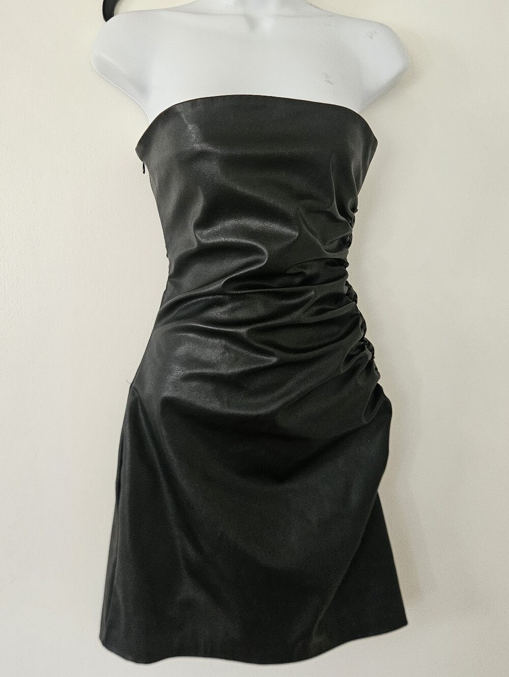 Zara Womens Dress XS Mini Faux Leather Strapless Ruched Goth Club Moto Cosplay